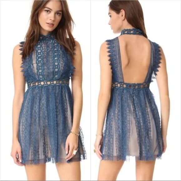 Free People Forever Lace Teal Open Back Mini Dress - Picture 1 of 7